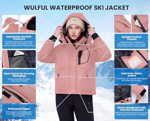 WULFUL Women's Waterproof Ski Jacket Warm Winter Coats Windproof Winter Jackets for Women Fleece Lined Windbreaker with Hood