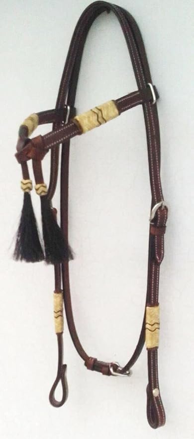 Western Horse Headstall Standard Size – Adjustable Hand Braided Genuine Leather Bridle with Brown Rawhide Knotting Futurity Knot Black Color Hair Tassels, Western Riding Tack, Dark Brown (Full Size)