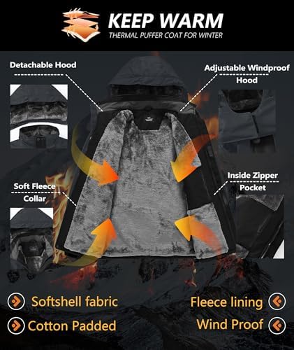 Mens Winter Jackets Waterproof Warm Fleece Ski Jacket with Hood Thermal Windproof Coat Zip Pockets
