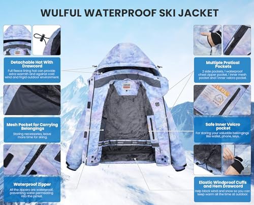 WULFUL Women's Waterproof Ski Jacket Warm Winter Coats Windproof Winter Jackets for Women Fleece Lined Windbreaker with Hood