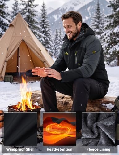 MAGCOMSEN Men's Winter Coats Water Resistant Ski Snow Jacket Warm Fleece Jacket Parka Raincoats With Hood Multi-Pockets