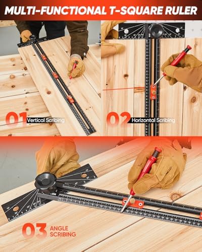 Saker 4-in-1 Scriber Marking Line Ruler, 29.5in Spliceable Extended T Square with Pencil, Precision Line Drawing & Drilling Positioning Tool, Cabinet Hardware Jig with Angle Adjustment for Woodworking