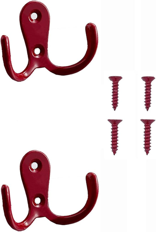 2 Pcs Double Prong Robe Hooks, Dual Coat Hooks Wall Mounted Hanging Clothes for Bathroom Bedroom Door Wall Retro Metal Cloth Hanger Double Coat Hooks with 4 Screws (Red)