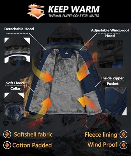 Mens Winter Jackets Waterproof Warm Fleece Ski Jacket with Hood Thermal Windproof Coat Zip Pockets