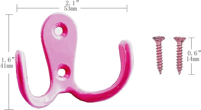 2 Pcs Double Prong Robe Hooks, Dual Coat Hooks Wall Mounted Hanging Clothes for Bathroom Bedroom Door Wall Retro Metal Cloth Hanger Double Coat Hooks with 4 Screws (Pink)