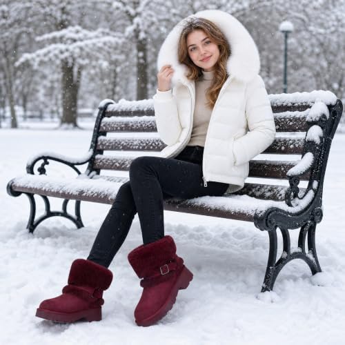 Furry Winter Boots for Women Block Heels Platform Buckle Slip On