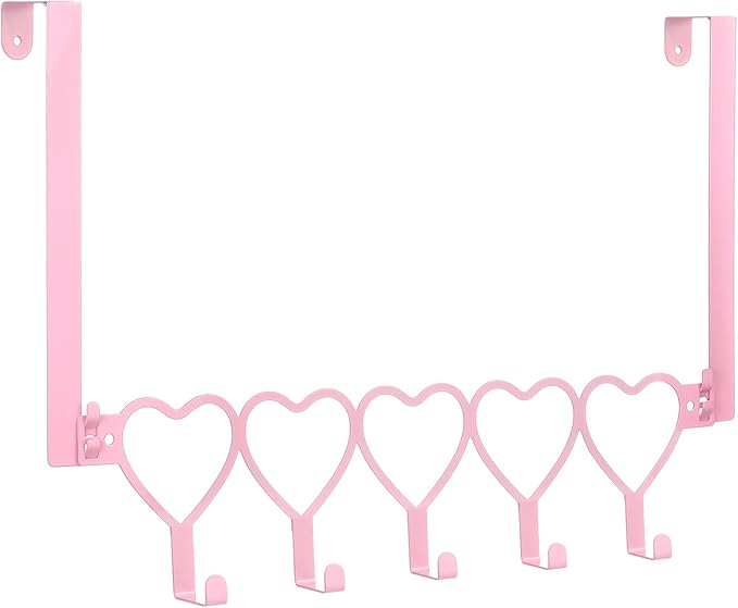 Pink Heart Over The Door Hooks Hanger Wall Mount Towel Hanger Door Holder Organizer 5 Hooks Kawaii Farmhouse Rustic Coquettish Style Decor for Bedroom Bathroom Towel Hat Clothes
