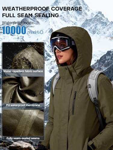 FREE SOLDIER Women's Waterproof Ski Snow Jacket Fleece Lined Warm Winter Rain Jacket with Hood Fully Taped Seams