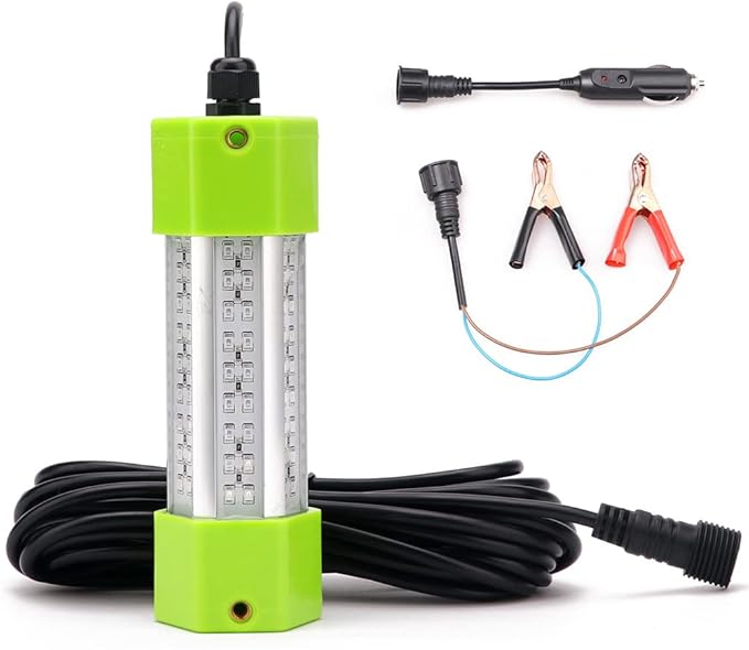 70W 130W DC 12V IP68 Waterproof Aluminum High Power Glowing Boat Fish Attractants Lure Green Submersible Fishing Lights LED Underwater For At Night Snook Crappie with Battery Clips Cigarette Charger Plug