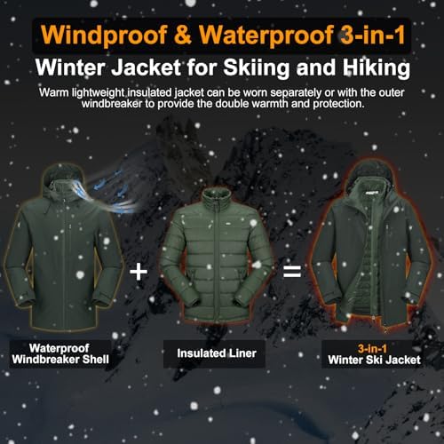 33,000ft Men's Hooded Waterproof 3 in 1 Snow Ski Jacket Winter Puffer Coat