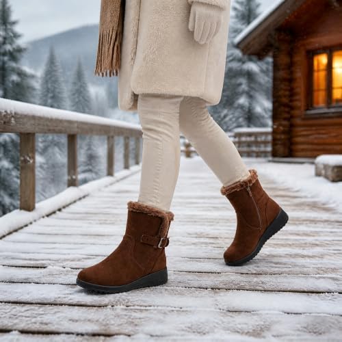 Womens Snow Boots Leather Winter Warm Boots Platform Ankle Booties