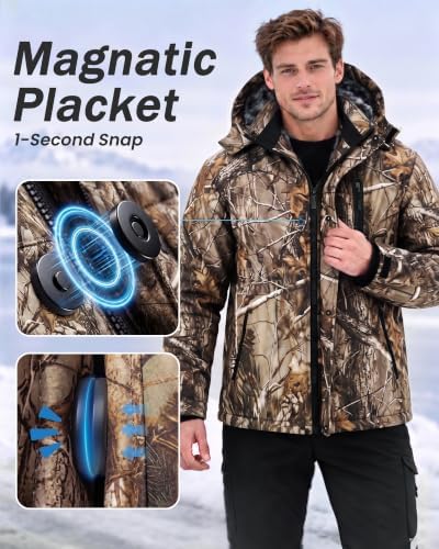 Yufawow Magnetic Placket No Fumbling Just Snap Men Winter Jacket Skiing Jacket Insulated Fleece Lined Waterproof Windbreaker for Snowboard Hiking Camping ATV Outdoor Work