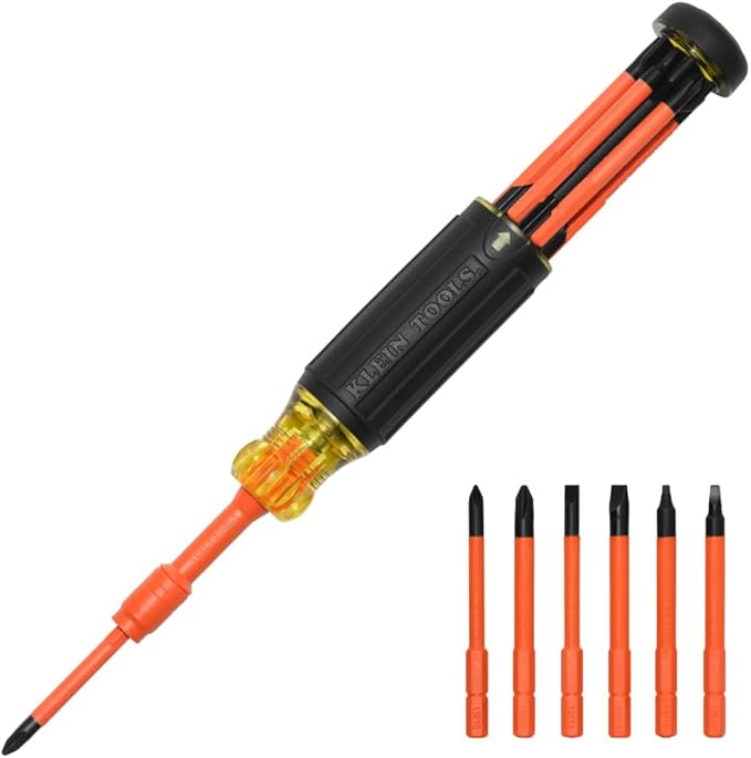Klein Tools 32306INS 6-in-1 Insulated Multi-Bit Screwdriver, Multi-Bit Driver with Auto-Locking Collar, 1000V Rated, In-Handle Bit Storage