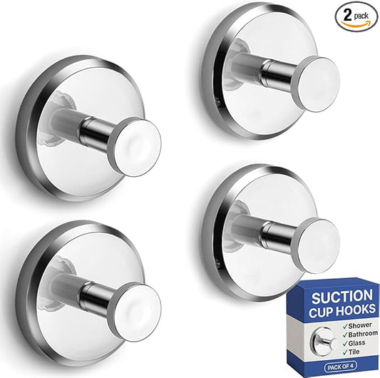 HOME SO Suction Cup Hooks for Shower & Bathroom Towel Holder 4-Pack – Suction Cups Hooks for Hanging Towels, Robes, & Coats - Tiles, Glass Door or Mirror – Shower Hooks & Towel Hooks Organizer -Chrome