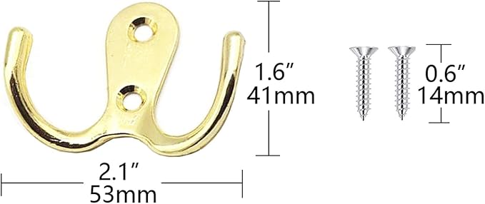 2 Pcs Double Prong Robe Hooks, Dual Coat Hooks Wall Mounted Hanging Clothes for Bathroom Bedroom Door Wall Retro Metal Cloth Hanger Double Coat Hooks with 4 Screws (Gold)