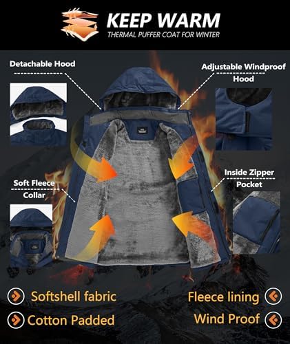 Mens Winter Jackets Waterproof Warm Fleece Ski Jacket with Hood Thermal Windproof Coat Zip Pockets