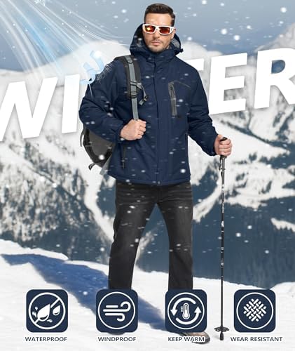 Mens Winter Jackets Waterproof Warm Fleece Ski Jacket with Hood Thermal Windproof Coat Zip Pockets