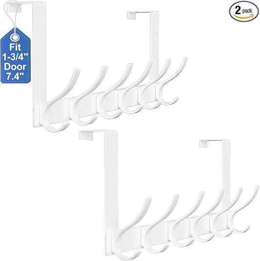 2 Pack Over The Door Hooks, Sturdy Door Hanger, Large Over The Door Towel Rack with 12 Hooks, Heavy Duty Easy to Install, for Bathroom, Bedroom，Kitchen，Hanging Towels, Coats (White)