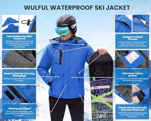 WULFUL Men's Waterproof Ski Jacket Warm Winter Coats Windproof Winter Jackets for Men Fleece Lined Windbreaker with Hood