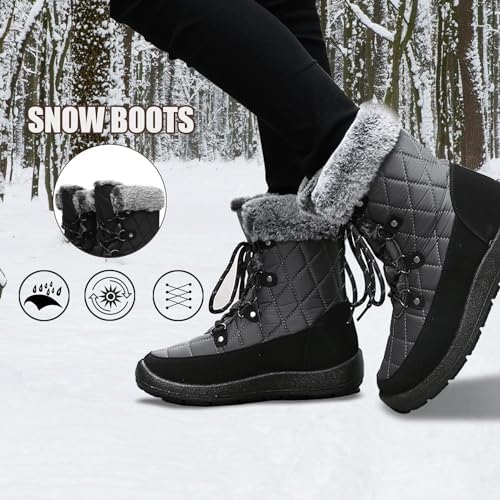 JSWEI Winter Boots for Women - Soft Comfortable Faux Fur Mid Calf Winter Snow Boots Totes Boots Lace up Snow Boots Winter Boots with Insulated Black for Outdoor