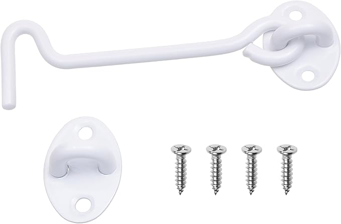 Eco-Fused 5-inch Heavy Duty Hook and Eye Latch - 1x Barn Door Lock (White), 4X Mounting Screws - Powder Coated Stainless Steel Hooks for Door, Windows, Sheds, Fences, Gates, Closets, Cabinets