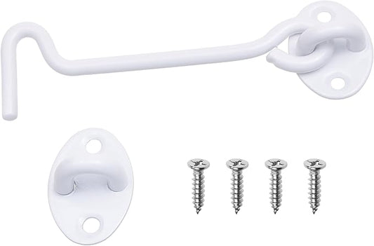Eco-Fused 5-inch Heavy Duty Hook and Eye Latch - 1x Barn Door Lock (White), 4X Mounting Screws - Powder Coated Stainless Steel Hooks for Door, Windows, Sheds, Fences, Gates, Closets, Cabinets