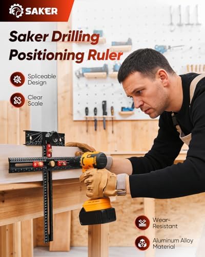 Saker 4-in-1 Scriber Marking Line Ruler, 29.5in Spliceable Extended T Square with Pencil, Precision Line Drawing & Drilling Positioning Tool, Cabinet Hardware Jig with Angle Adjustment for Woodworking