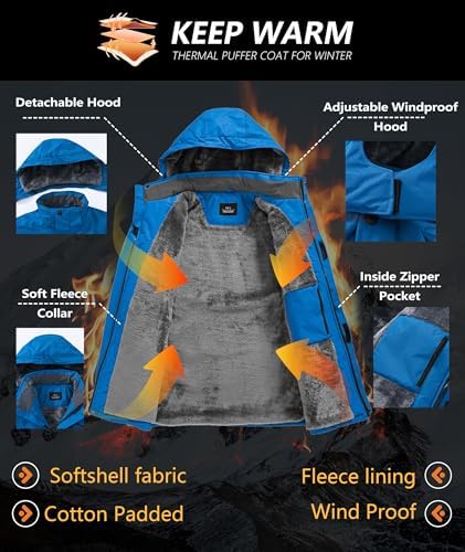 Mens Winter Jackets Waterproof Warm Fleece Ski Jacket with Hood Thermal Windproof Coat Zip Pockets
