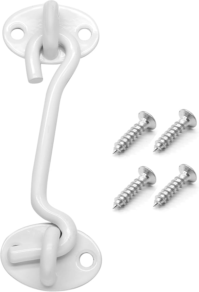 Biaungdo Heavy Duty Hook and Eye Latch, 4 Inch White Privacy Hook Barn Door Lock Easy Lock, Stainless Steel Gate Latch for Doors/Windows/Sheds/Gates/Fences/Closets/Cabinets, 1 Pack