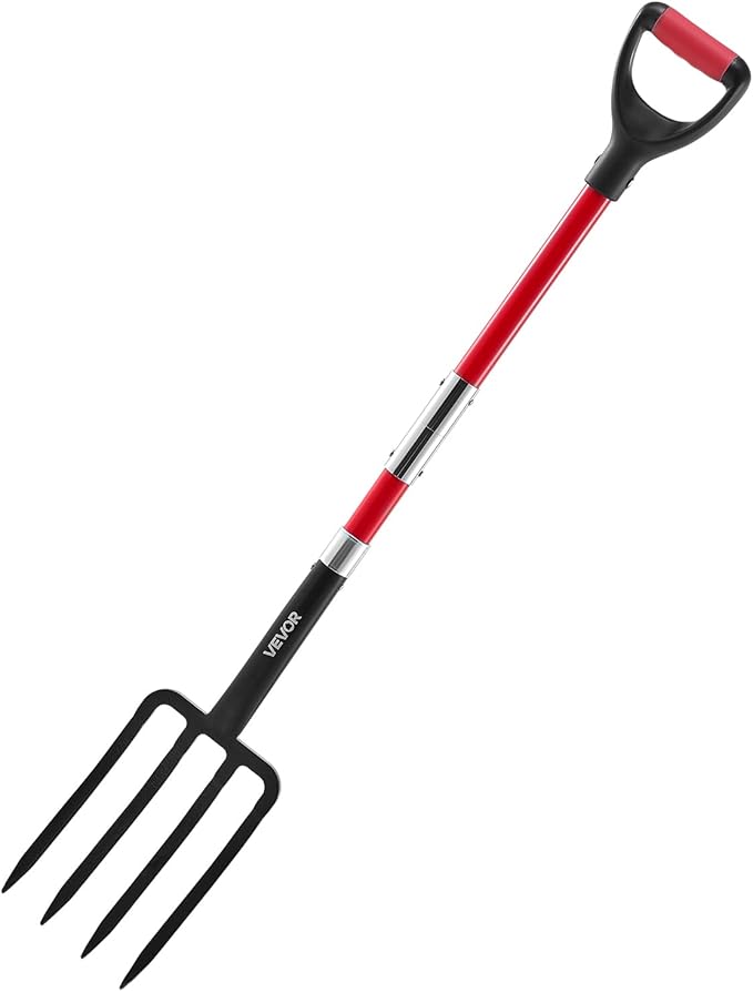 VEVOR Garden Fork, 4-Tine Gardening Pitchfork with Fiberglass Handle, 45 in Heavy Duty Digging Fork with Y Grip, Forged Steel Spading Fork for Hay Potato Composting Transplanting Aeration