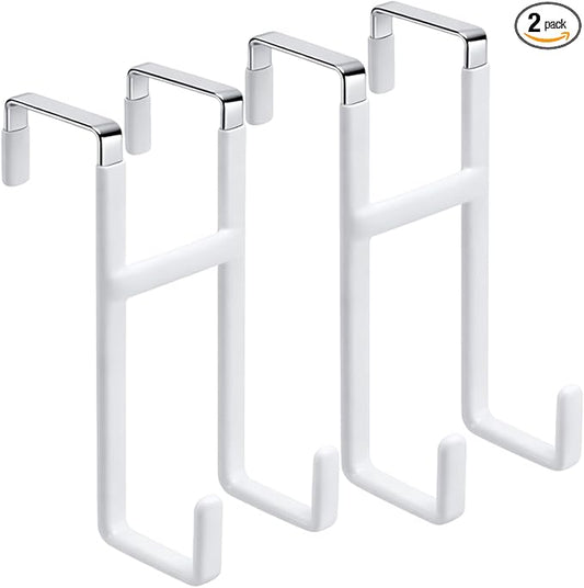 Over Door Hook, 2 Pack Over Door Hanger with Dual Hook Heavy Duty Metal Hanger with Non Slip Rubber Over The Door Organizer Hanger for Hanging Clothes Towels Hats Bags（White）
