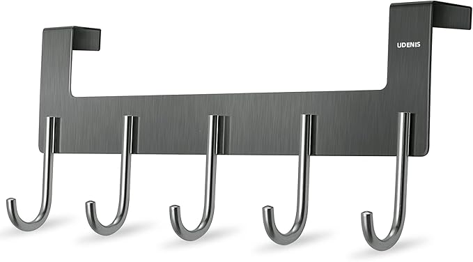 Over Door Hanger, Metal Over The Door Hook Rack with 5 Hooks, Towel Rails for Hanging Towel Robe Coat Bathroom Bedroom Grey
