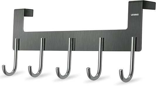 Over Door Hanger, Metal Over The Door Hook Rack with 5 Hooks, Towel Rails for Hanging Towel Robe Coat Bathroom Bedroom Grey