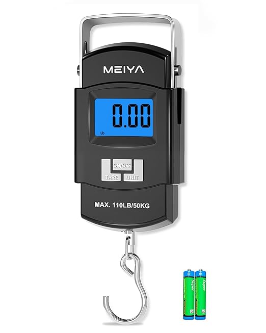 MEIYA 魚釣りスケール 110lb/50kg デジタルフィッシングスケール バックライトLCD搭載、ポータブルハンドル、ステンレス製フック、単4電池2本付属 – 信頼性の高い釣り用品＆男性への素晴らしい釣りギフト