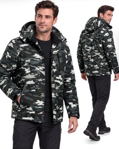 Yufawow Magnetic Placket No Fumbling Just Snap Men Winter Jacket Skiing Jacket Insulated Fleece Lined Waterproof Windbreaker for Snowboard Hiking Camping ATV Outdoor Work