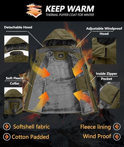 Mens Winter Jackets Waterproof Warm Fleece Ski Jacket with Hood Thermal Windproof Coat Zip Pockets