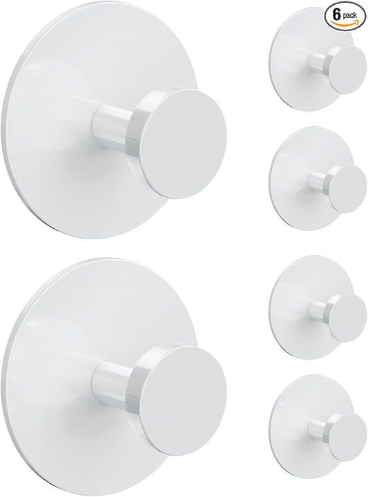 Adhesive Wall Hook for Coat and Towel: Extra Sticky 12 LB (Max), Stainless Coat Rack Door Holder Hanger, White 6-Pack Heavy Duty