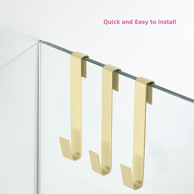 Extended Shower Hooks 6.5 in, Towel Hook, Over Glass Door Hook for Bathroom, Suits Frameless Glass Shower Door 0.39" (10 mm) Stainless Steel Gold, 3 Pack