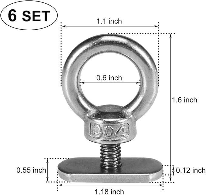 6 Packs Stainless Steel Kayak Track Mount Tie Down Eyelet Rail for Kayak Canoe Boat Bungee Cord or Ropes