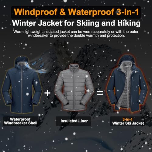 33,000ft Men's Hooded Waterproof 3 in 1 Snow Ski Jacket Winter Puffer Coat
