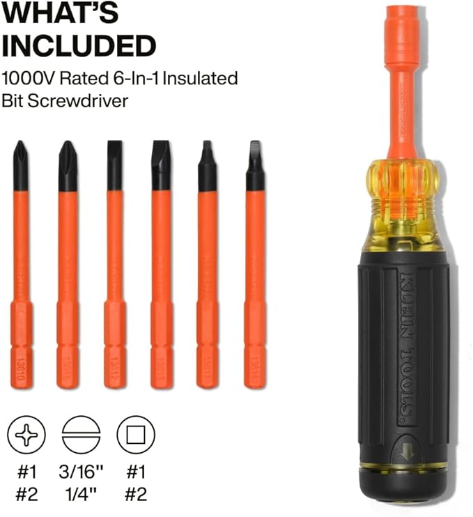 Klein Tools 32306INS 6-in-1 Insulated Multi-Bit Screwdriver, Multi-Bit Driver with Auto-Locking Collar, 1000V Rated, In-Handle Bit Storage
