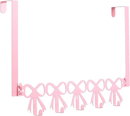 Pink Bow Over The Door Hooks Hanger Wall Mount Towel Hanger Door Holder Organizer 5 Hooks Kawaii Farmhouse Rustic Coquettish Style Decor for Bedroom Bathroom Towel Hat Clothes