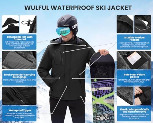 WULFUL Men's Waterproof Ski Jacket Warm Winter Coats Windproof Winter Jackets for Men Fleece Lined Windbreaker with Hood