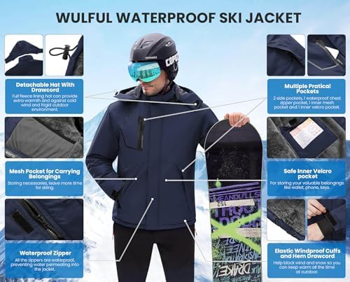 WULFUL Men's Waterproof Ski Jacket Warm Winter Coats Windproof Winter Jackets for Men Fleece Lined Windbreaker with Hood