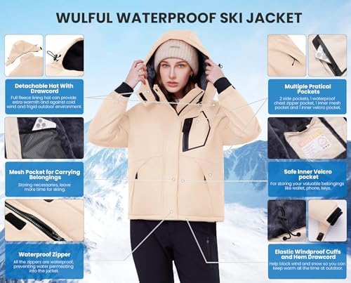WULFUL Women's Waterproof Ski Jacket Warm Winter Coats Windproof Winter Jackets for Women Fleece Lined Windbreaker with Hood