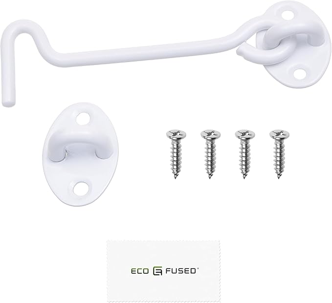 Eco-Fused 6-inch Heavy Duty Hook and Eye Latch - 1x Barn Door Lock (White), 4X Mounting Screws - Powder Coated Stainless Steel Hooks for Door, Windows, Sheds, Fences, Gates, Closets, Cabinets