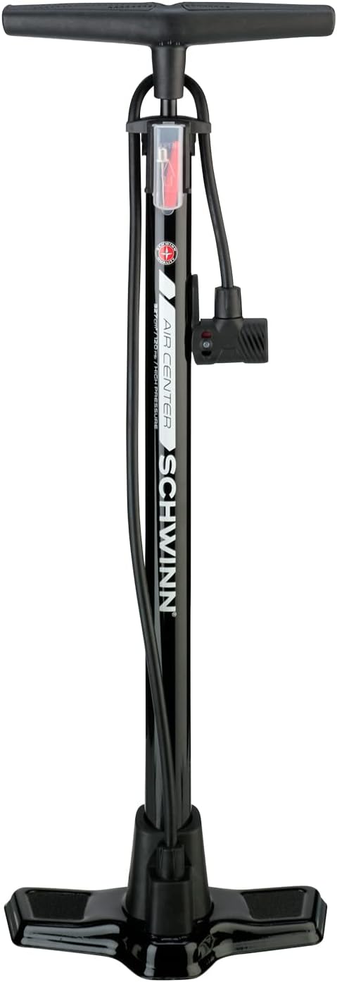 Schwinn Air Center Series or Basic Floor Pump, for a Range of Bikes, 100, 120 or 160 PSI, Soft Grip Handle, Dual Head for Schrader and Presta Valves, Manual Air Pump