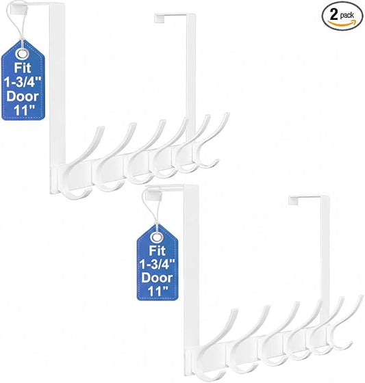 2 Pack Large Over The Door Hooks, Sturdy Door Hanger with 12 Hooks, Door Towel Rack for Bathroom, Bedroom, Kitchen, Coat Rack for Hanging, Easy to Install (White)