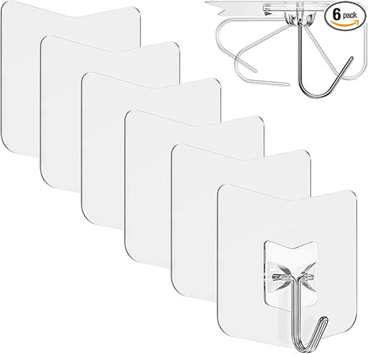 Adhesive Hooks for Hanging 6 Pack, 33 lbs Heavy Duty Wall Hooks 304 Stainless Steel Self Adhesive Towel Hook Waterproof Transparent Sticky Hooks for Kitchen Glass Door (6)