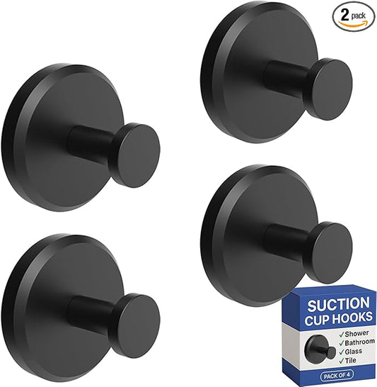 HOME SO Suction Cup Hooks for Shower & Bathroom Towel Holder 4-Pack – Suction Cups Hooks for Hanging Towels, Robes, & Coats - Tiles, Glass Door or Mirror – Shower Hooks & Towel Hooks Organizer - Black